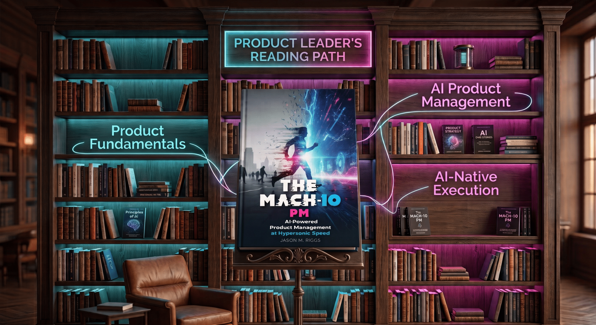 Product leader’s reading path from product fundamentals to AI product management and AI-native execution, featuring The MACH-10 PM