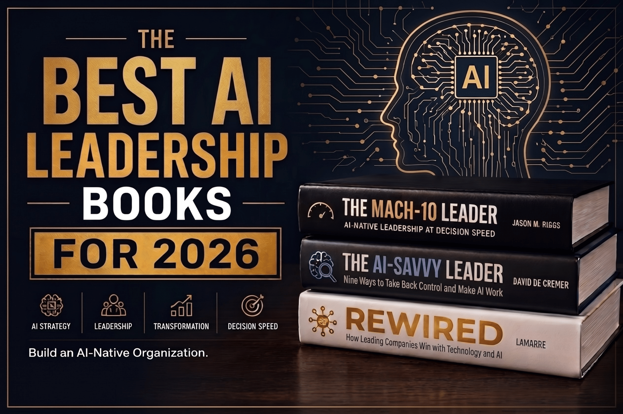 Best AI leadership books for 2026 featuring The MACH-10 Leader, The AI-Savvy Leader, and Rewired